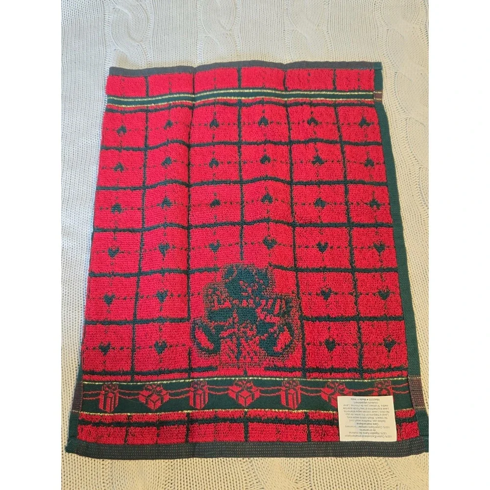 Vintage Christmas Teddy Bear Guest Towel & Hand Towel Set Red Green Cotton Decor